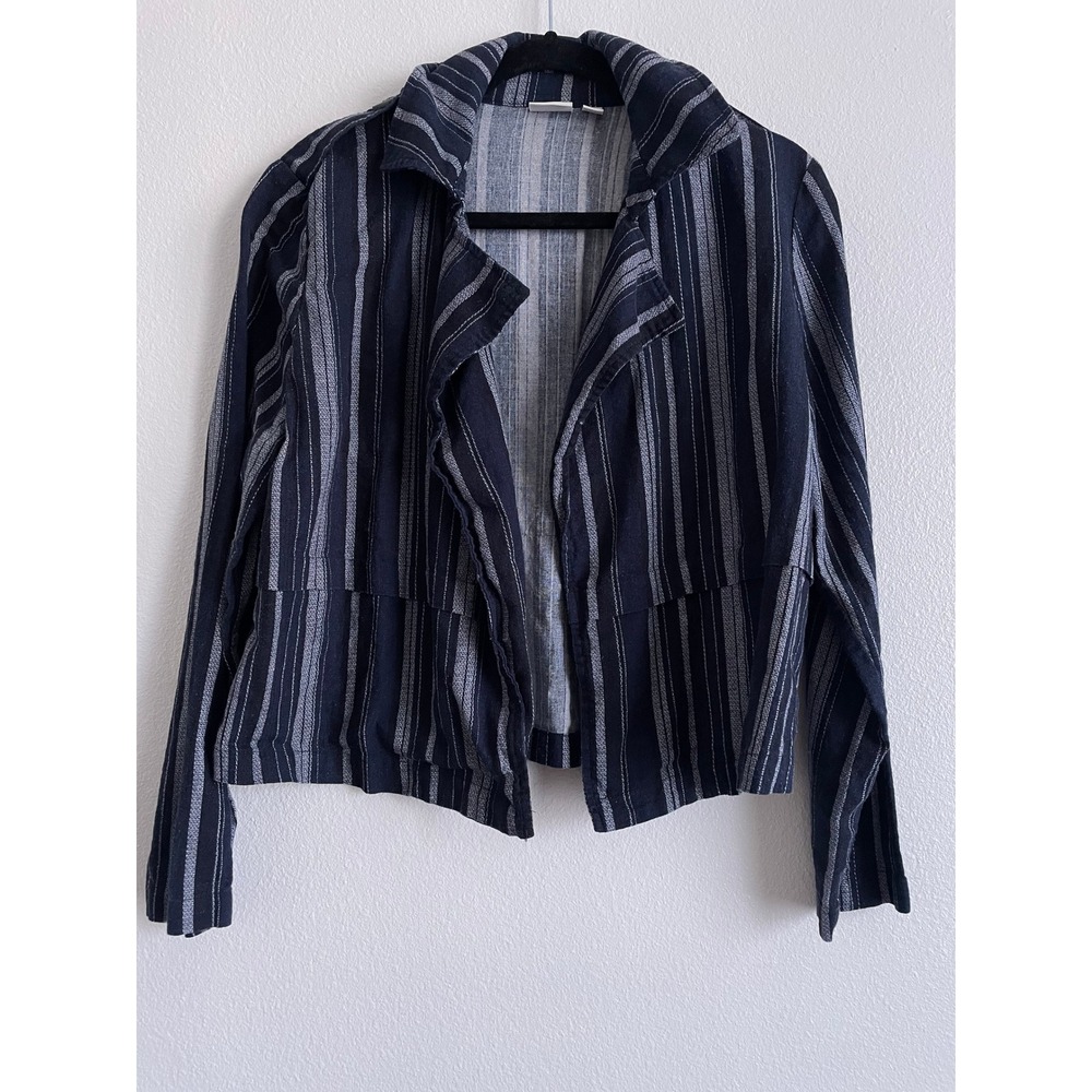 Cato Linen Rayon Cardigan Jacket Blouse Women Large Navy Blue Striped Open Front
